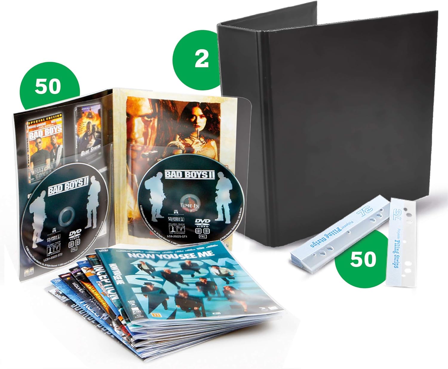 3L DVD Storage - Combination Pack with 50 Double DVD Cases & 2 DVD Folders & 50 Strips - Practical Archiving - 10266