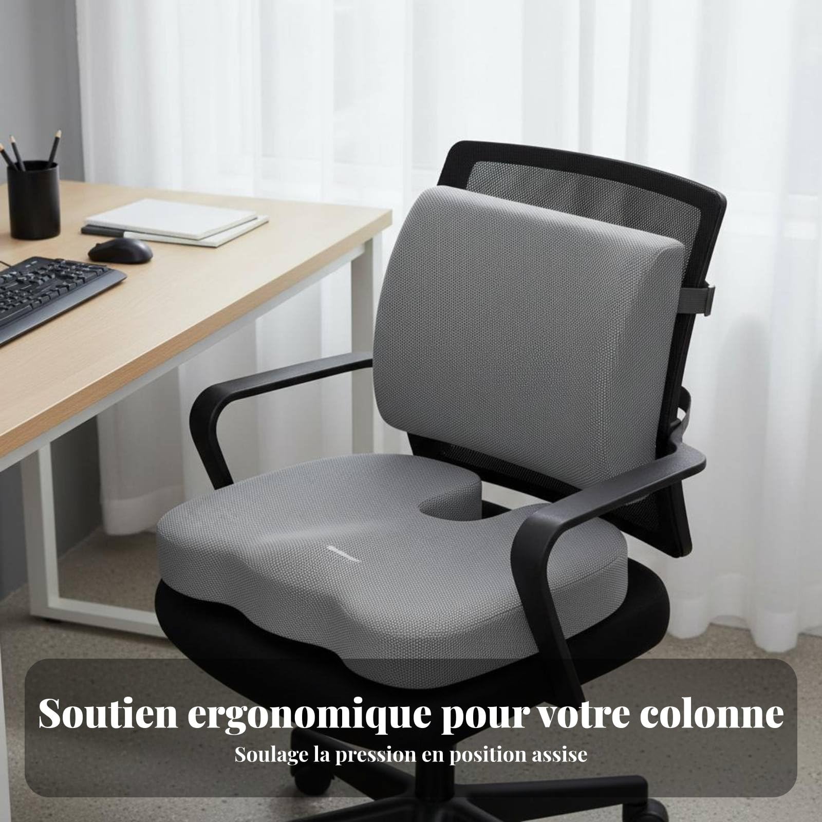 Cojín Ergonómico Asiento con Almohada de Espalda Cojín Soporte Lumbar Cojín Asiento Que Mantiene la Forma Tela de Malla Transpirable Apto para Silla, Gris, Juego+Malla