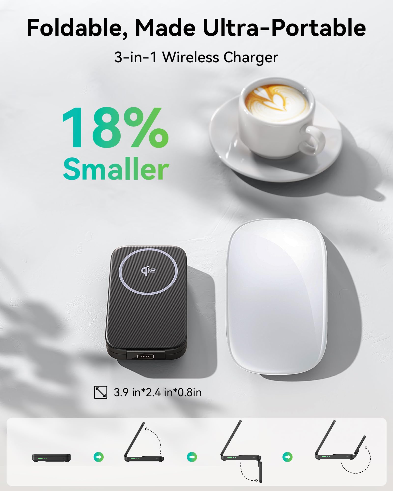 INIU Indukcyjna stacja ładująca iPhone 3 w 1, 15 W, certyfikat Qi2, magnetyczna, bezprzewodowa ładowarka, składana, Mag-Safe Wireless Charger do Apple Watch SE, iPhone 17, 16, 15, 14, 13, 12, AirPods | Magnetyczna, idealna w podróży, składana ładowarka z