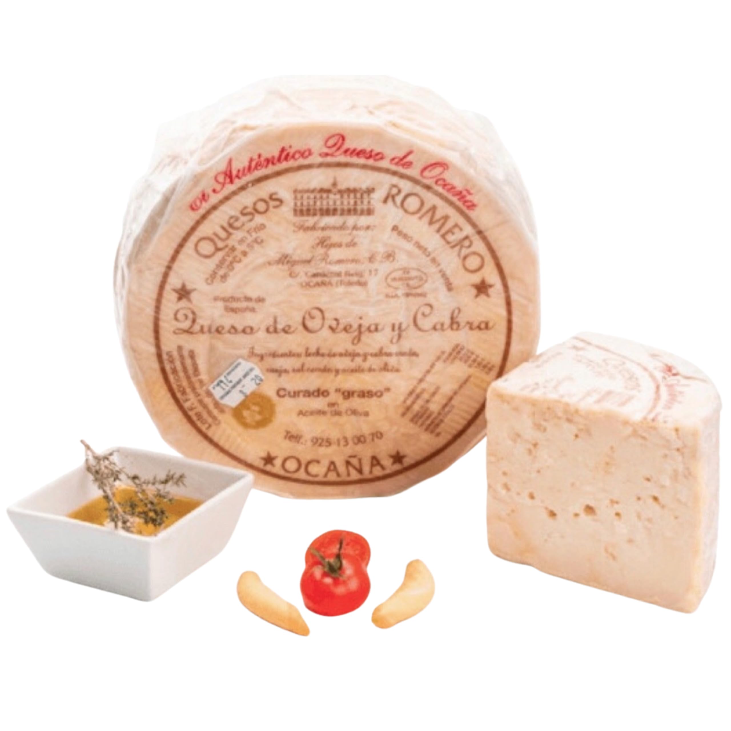 1/2 QUESO ROMERO OCAÑA para paladares exquisitos, graso, mantecoso, con pique, granuloso y quebradizo, color ocre, debido a su larga maduración de hasta 2 años
