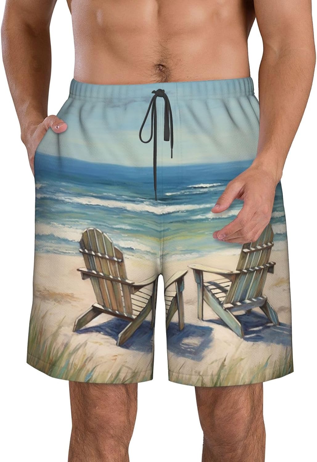 Men's Swim Trunks Quick Dry Bathing Suits Beach Scene with Chairs Beach Board Shorts Swimwear with Pockets