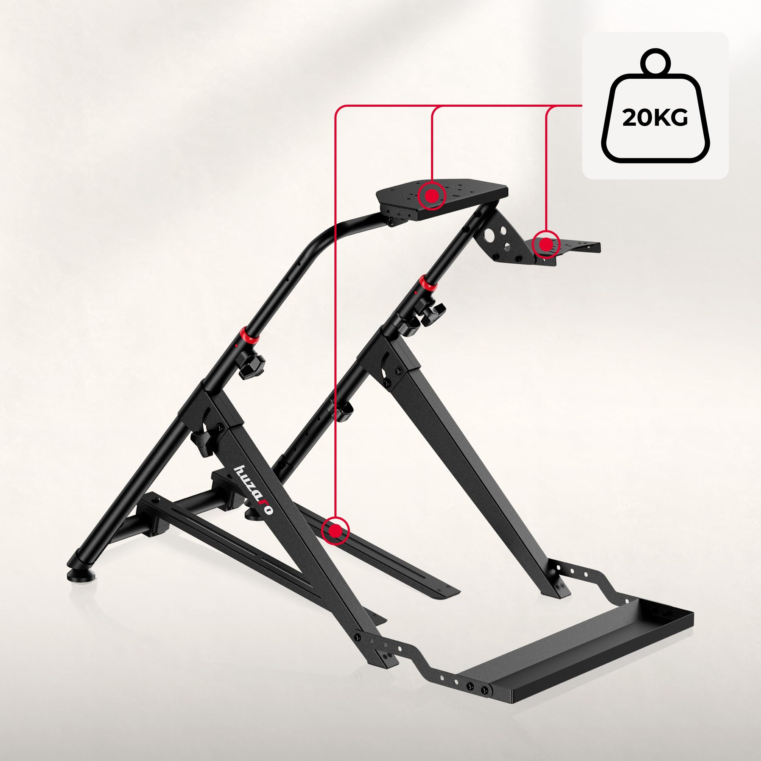 huzaro Speed 4.0, Supporto volante regolabile, compatibile Logitech Thrustmaster Fanatec MOZA Simagic, altezza 65,3-82 cm, blocco sedile, Shifter sinistra/destra, acciaio 1,5 mm