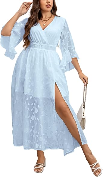EYWOL Wedding Guest Dress Plus Size Ruffle Bell Sleeve V Neck A Line Flowy Empire Waist Maxi Dresses with Slit