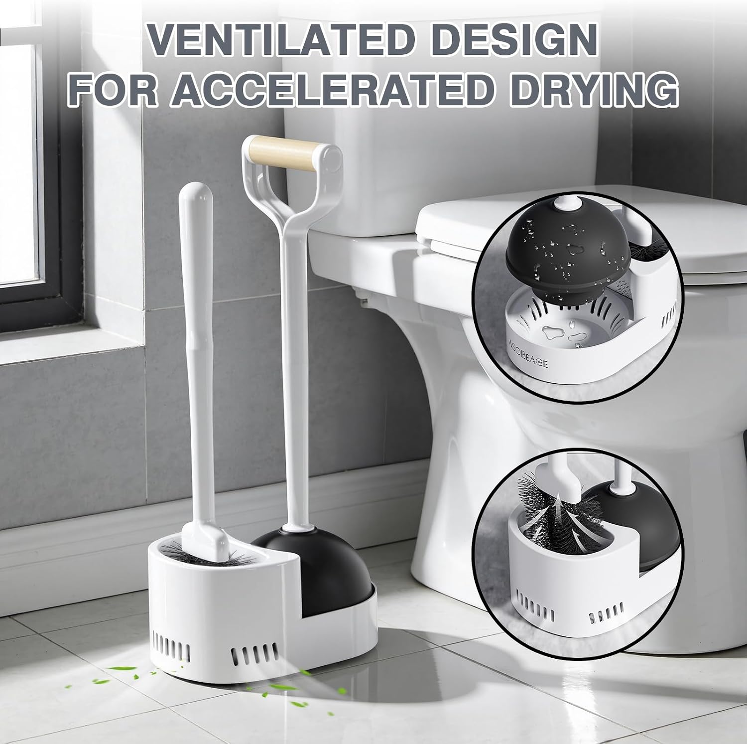 2-in-1 Toilet Brush Set with Natural Wood Handle: Toilet Brush with Nylon Bristles + Compact Holder - Removes Blockages Effectively, White image 5