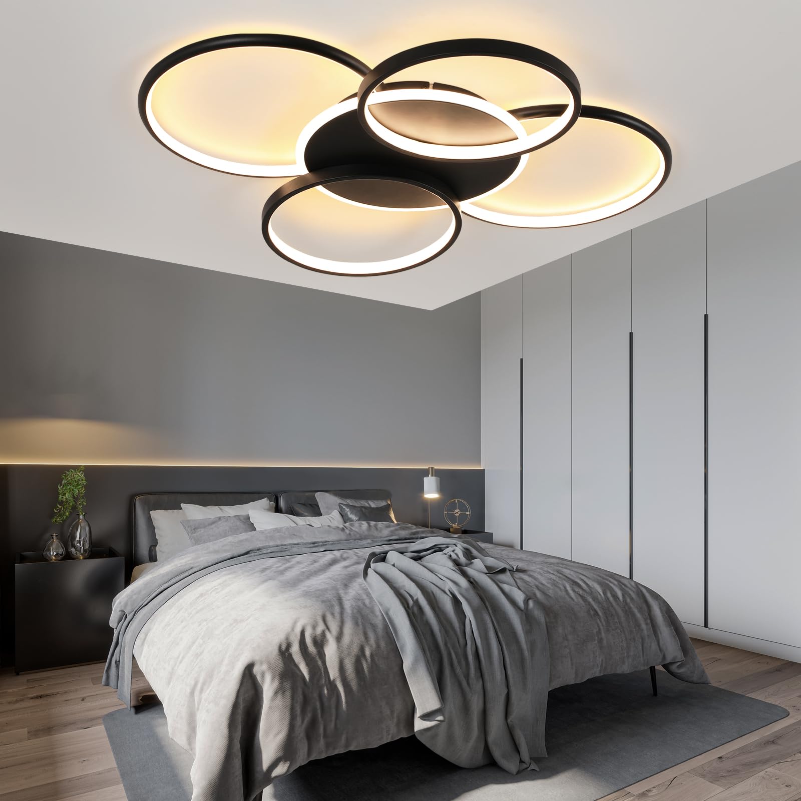 GBLY Deckenlampe LED Deckenleuchte Wohnzimmer: 67CM Wohnzimmerlampe Dimmbar | 70W mit Fernbedienung 5-Ringen Schwarz Schlafzimmerlampe Modern Acryl Deckenbeleuchtung für Büro Schlafzimmer Esszimmer
