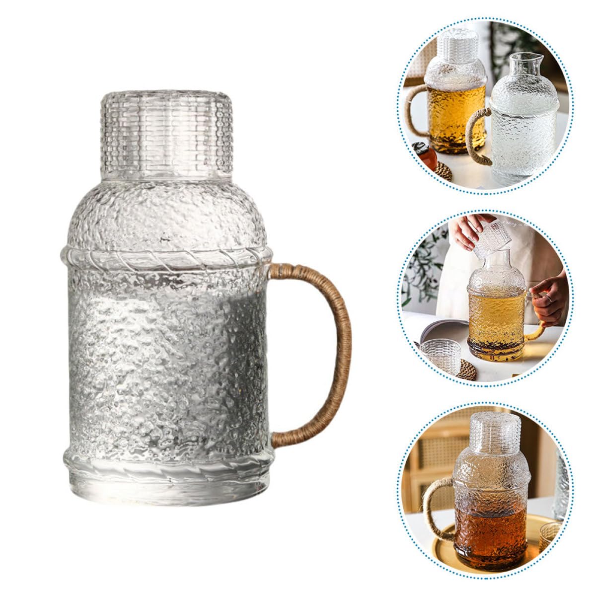 Housoutil Jarra de Agua de Vidrio de 2l Diseño Martillado, Resistente al Calor, Tapa Hermética y Fácil de Verter para Uso en Fiestas y Reuniones en Casa