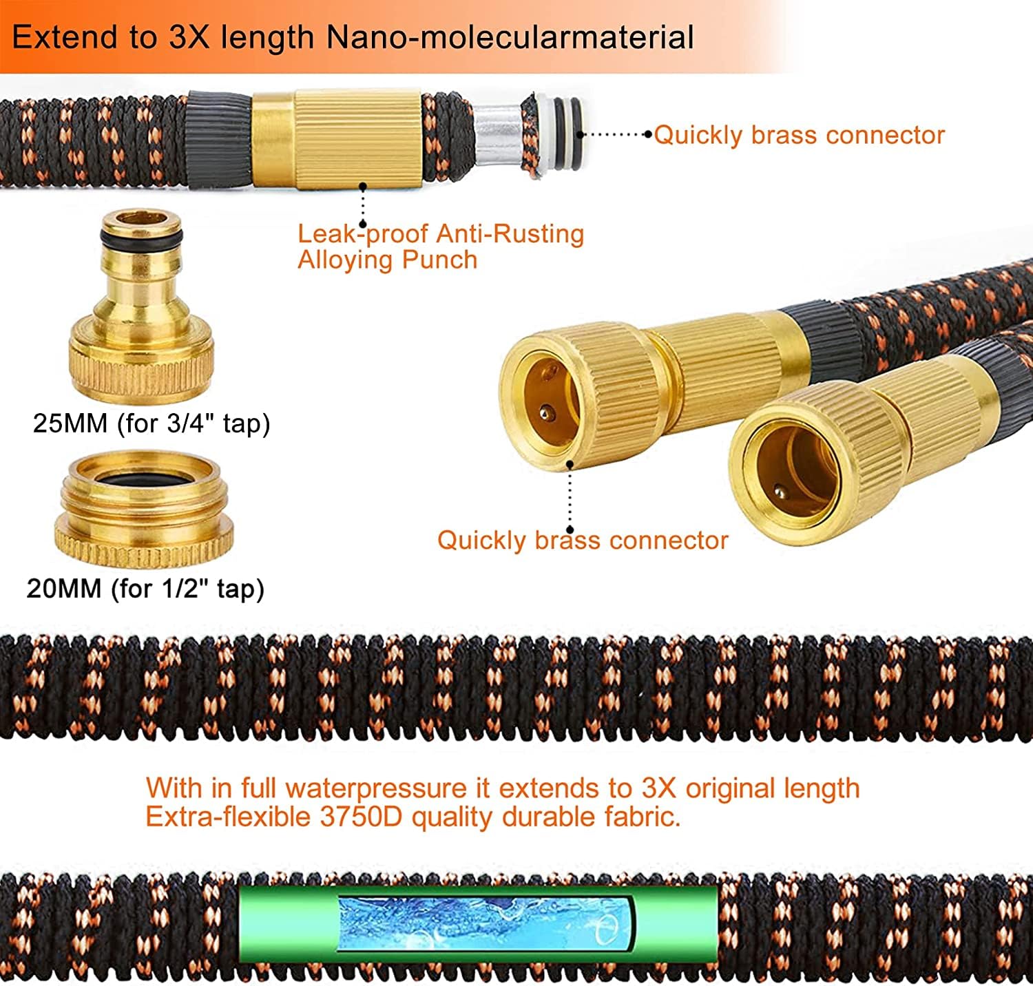 Tubo da giardino espandibile con pistola a spruzzo d'acqua a 10 modalità, connettori in ottone massiccio da 3/4" e 1/2", resistente tessuto 3450D, avvolgitubo per tubo da giardino, tubo magico