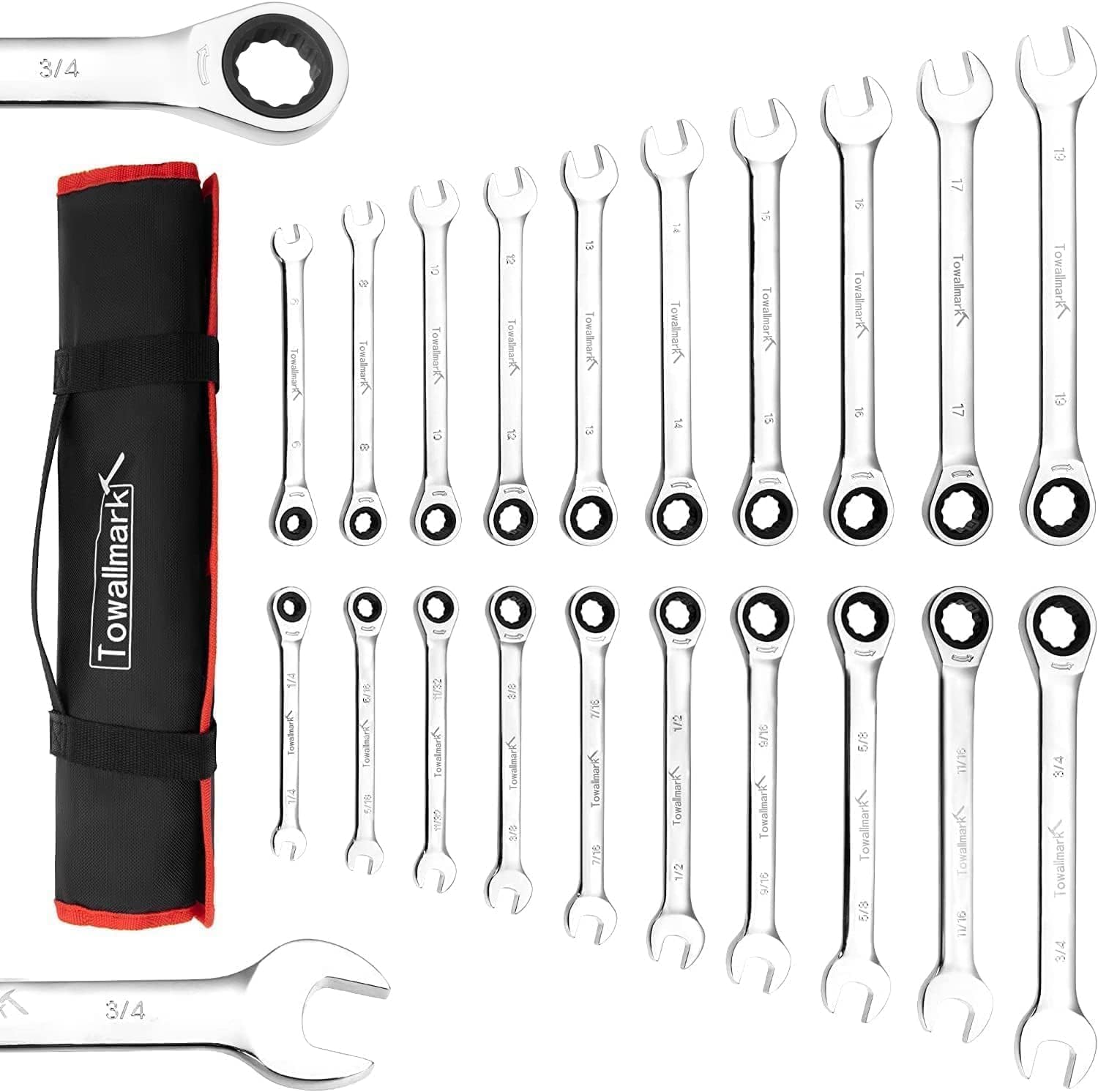 Towallmark 20-Piece Ratcheting Combination Wrench Set, Fixed Head &72 Teeth, SAE 1/4-3/4"& Metric 6-19mm, Chrome Vanadium Steel with Storage Bag
