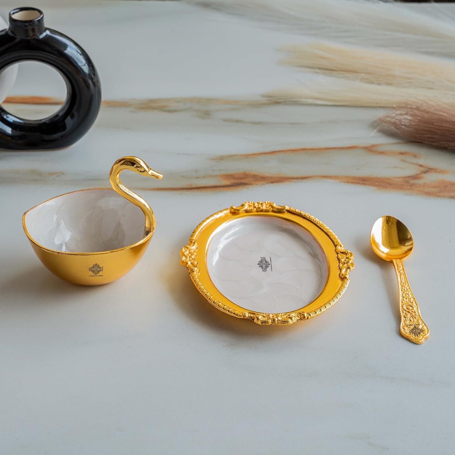 Indian Art Villa Ceramic Finish Gold Polished Duck Design Bowl with 1 Spoon & 1 Tray Platter, Decorative Gift Item Tableware Serveware, 3 Pieces, Golden