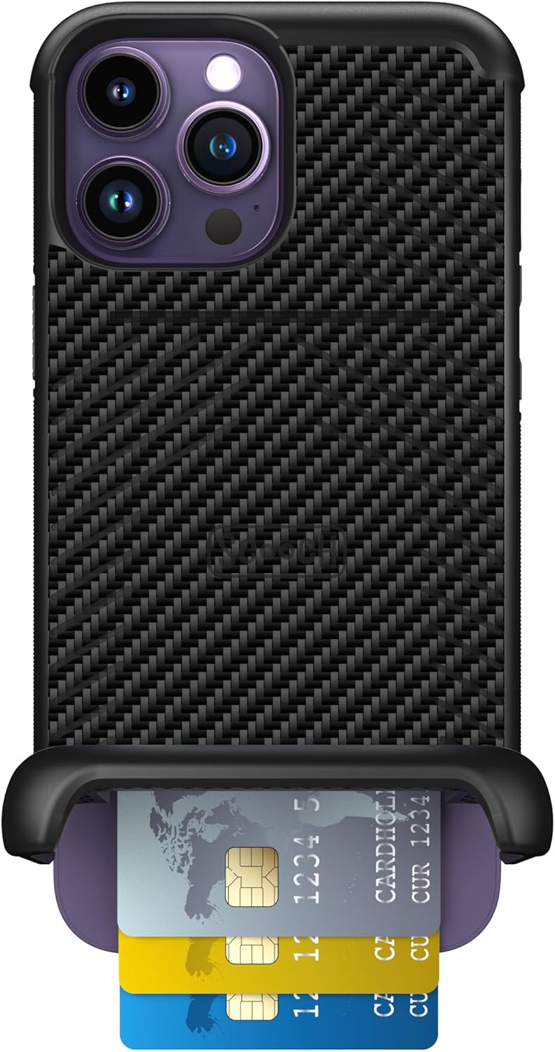 Scooch for iPhone 14 Pro Max Case with Card Holder, Wingmate Wallet Case with Hidden Card Slot and RFID Protection for up to 4 Cards, 10-Foot Drop Protection, Carbon Fiber