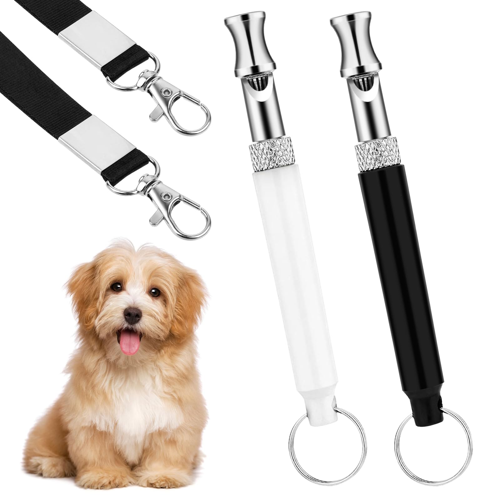 Lot de 2 sifflets professionnels pour arrêter les aboiements, sifflets professionnels de dressage de chiens avec cordon, outils de dressage à ultrasons réglables noir et blanc pour arrêter les