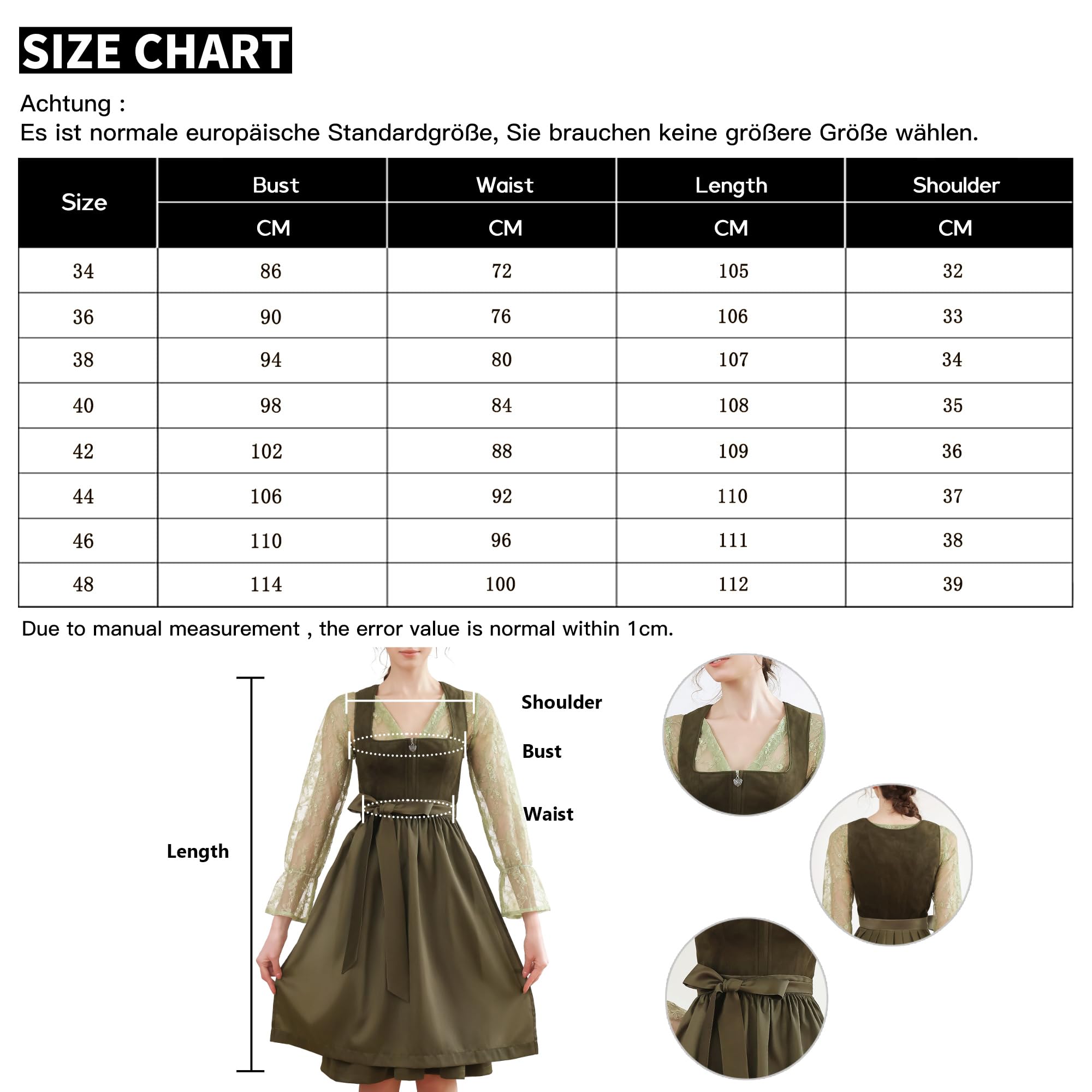 EIISSION Dirndl Damski Oktoberfest Kostium Oktoberfest Kostium Kostium Damski Zielony Tradycyjna Sukienka midi Trachten Sukienka 3 Pieces Sukienka Bluzka Fartuch
