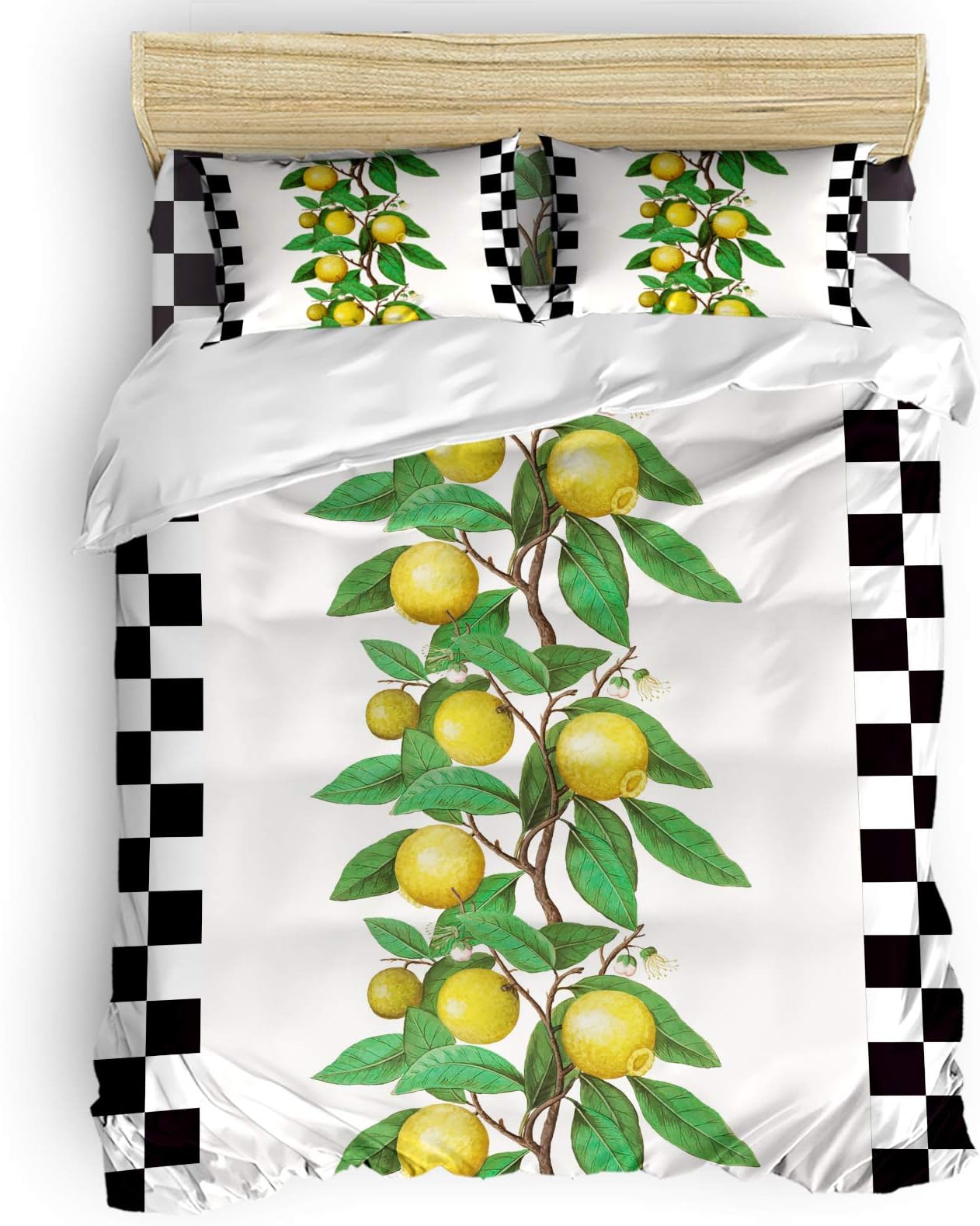 Comforance Summer Fresh Fruits Duvet Cover Set of 4, Bedding Suppiles with Quilt Cover with Zipper Closure, Pillowcase, Fitted Sheet for Men/Women Queen Size, Lemons Black and White Checkered