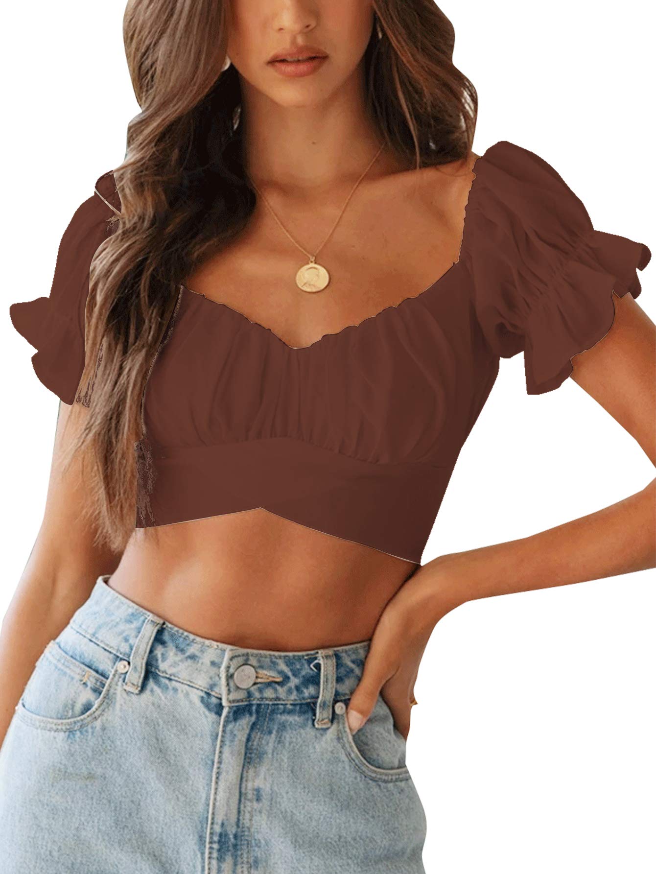 Photo 1 of **RUNS SMALL** LYANER Women's Cute Ruffle Puff Short Sleeve Tie Back Crop Top Off The Shoulder Cropped Blouse Brown Large