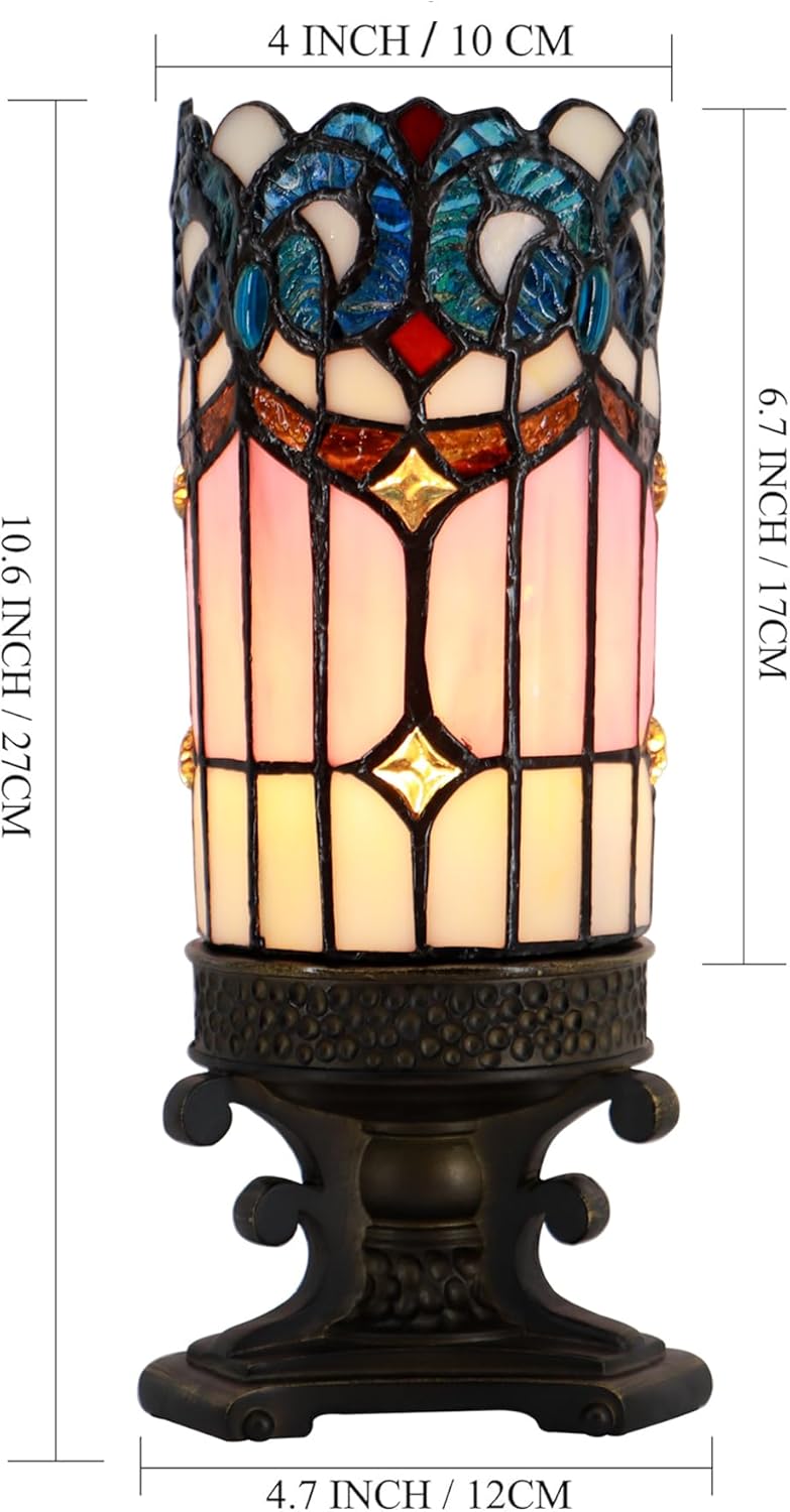 Small Tiffany Lamp Mini Stained Glass Table Lamp Candle Desk Night Light Bronze Resin Base 4" D x 4" W x 10.5" H (Fishscale Style)