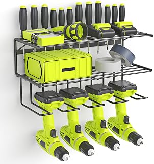 Power Tool Organizer Wall Mounted, Drill Holder, Organizers and Storage Rack for Garage Organization, Cordless 3 Layers Floating Shelf with 4 Holders