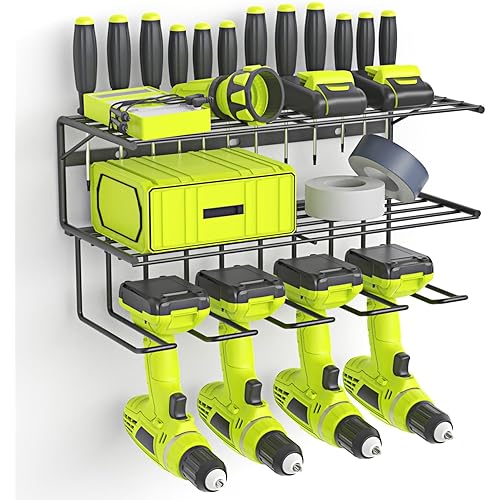 Power Tool Organizer Wall Mounted, Power Drill Tool Holder, Tool Organizers and Storage Rack for Garage Organization, Tool Rack Cordless Drill Holder, 3 Layers Floating Tool Shelf with 4 Drill Holders