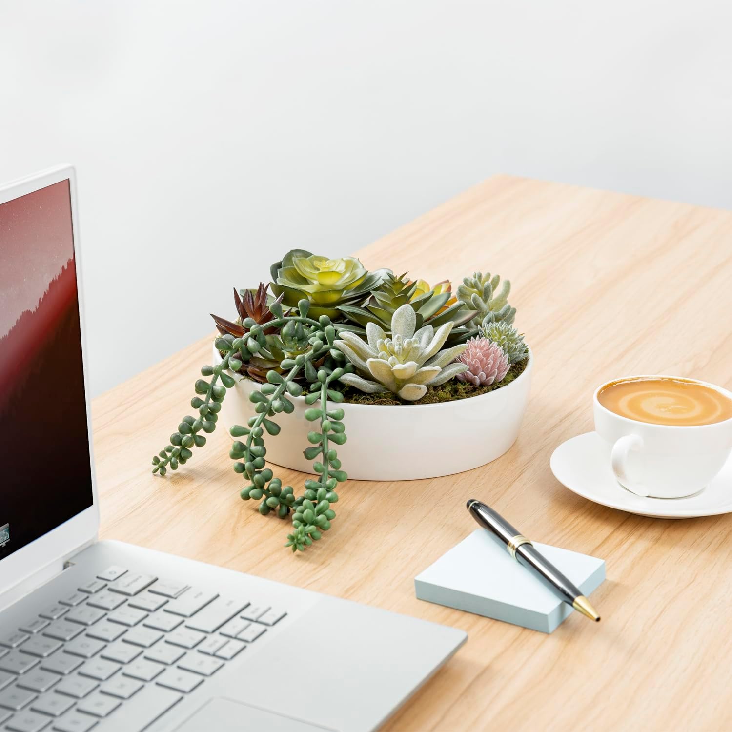 MyGift Artificial Succulent Pots, 8-Inch Modern Assorted Faux Succulents Plants Arrangement with White Round Ceramic Planter Pot