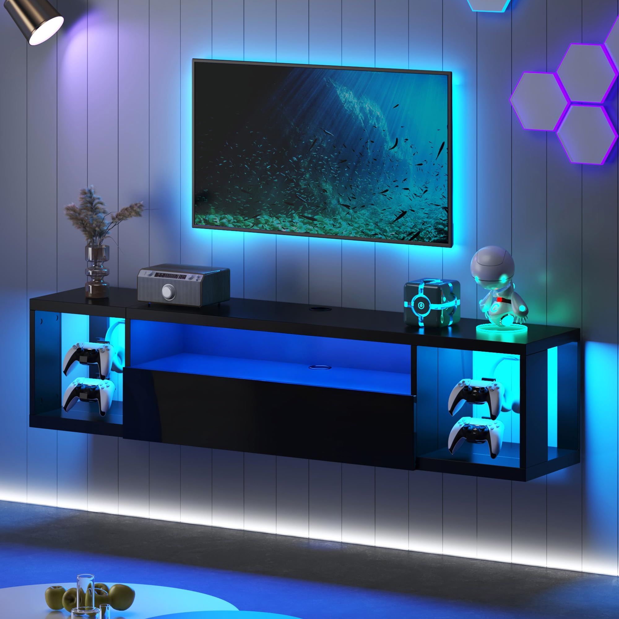 DlandHome Floating TV Stand with LED Lights, Wall Mounted TV Shelf with Led Lights, 55.1" Modern Entertainment Center Media Console with Storage,