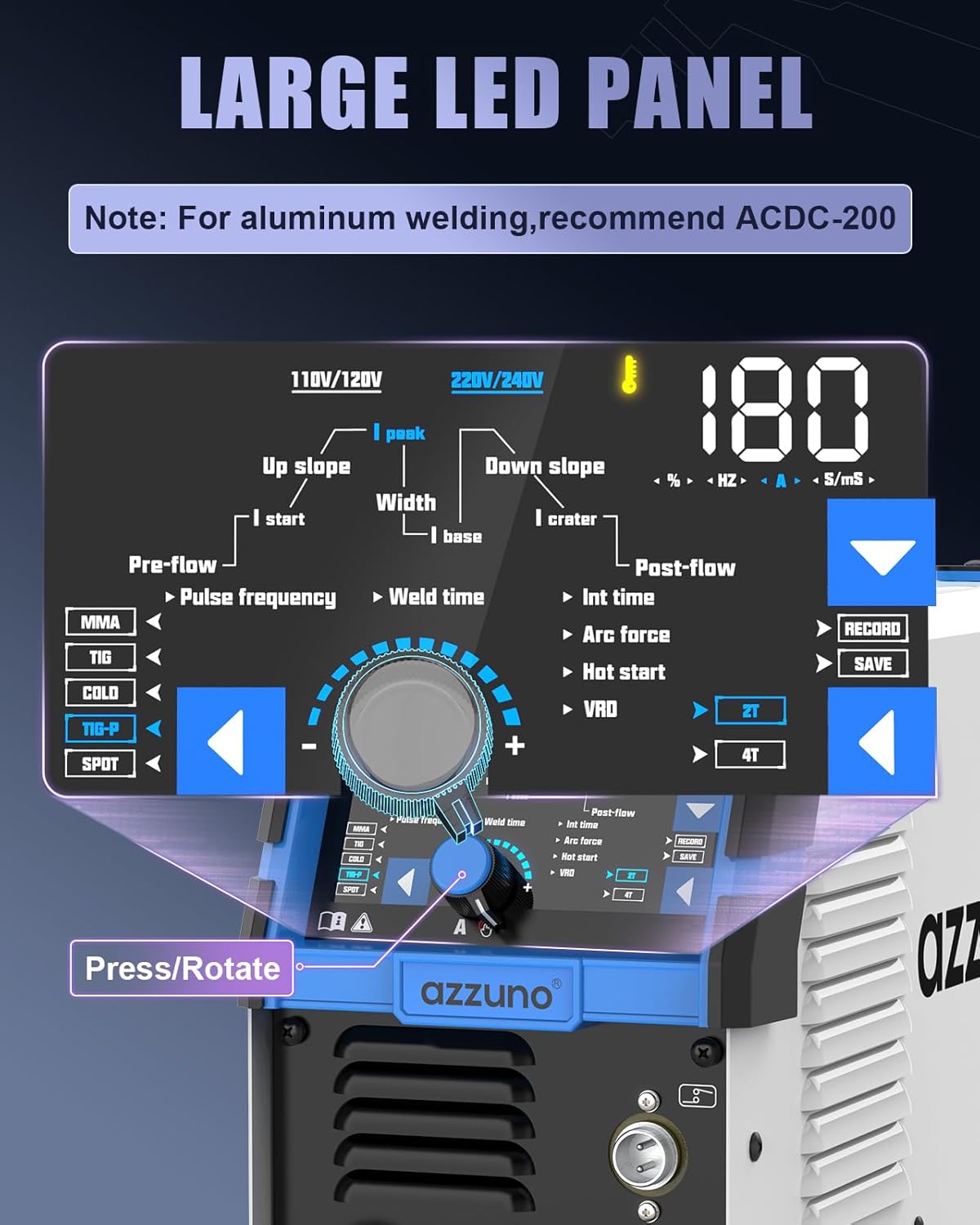 Large LED Control Panel of AZZUNO TIG-180L