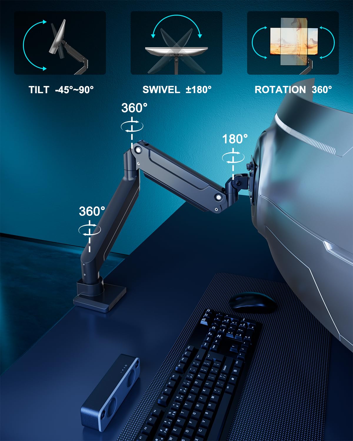 Monitorhouder 1-monitor voor 17-49 inch beeldscherm - Ultrawide Monitor arm, kantelbaar, in hoogte verstelbaar, draaibaar, Max Load 20 kg, VESA 75/100mm, zwart