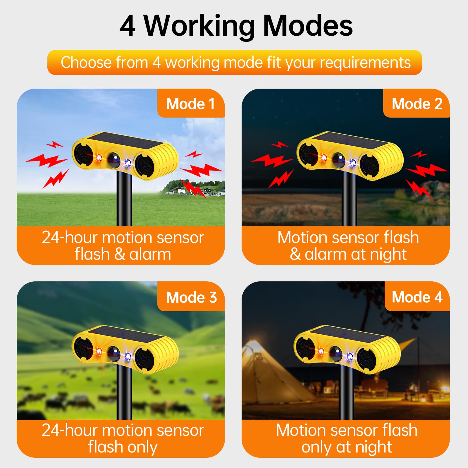 Alarma solar con sensor de movimiento para exteriores, alarma con sensor de movimiento, 13 sonidos, ladridos de perro y disparos, 2 x 130 db, fabricante de ruido fuerte, 4 modos, luz estroboscópica