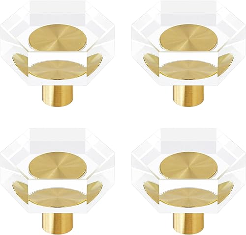 RZDEAL 4 pomos de cristal y latón para cajones, hermosos pomos dorados para gabinetes de cocina, cajones y aparadores (redondos de 1-316 pulgadas)