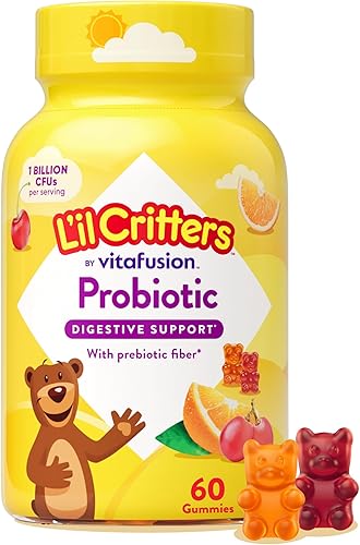 L'il Critters Suplemento diario de gomitas probióticas para niños, para apoyo a la salud digestiva, sabores de uva, cereza y naranja, 60 gomitas