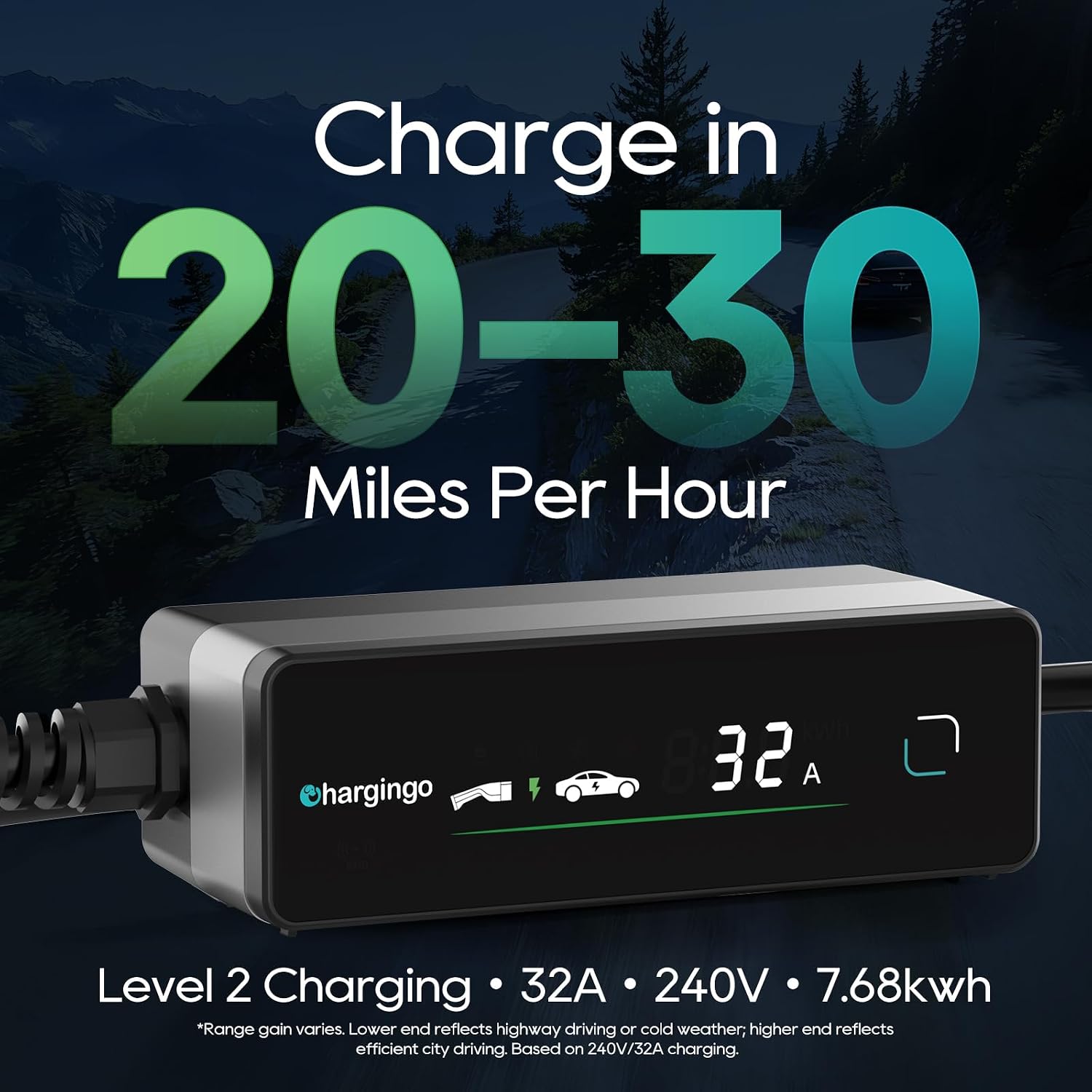 Level 2 EV Charger for SAE J1772 E, 32A 240V Portable EV Charger with NEMA 14-50 Plug, 25FT Cable, Adjustable 16A-32A, LCD Display, Plug-and-Play Fast Charging Station for Home/Outdoor