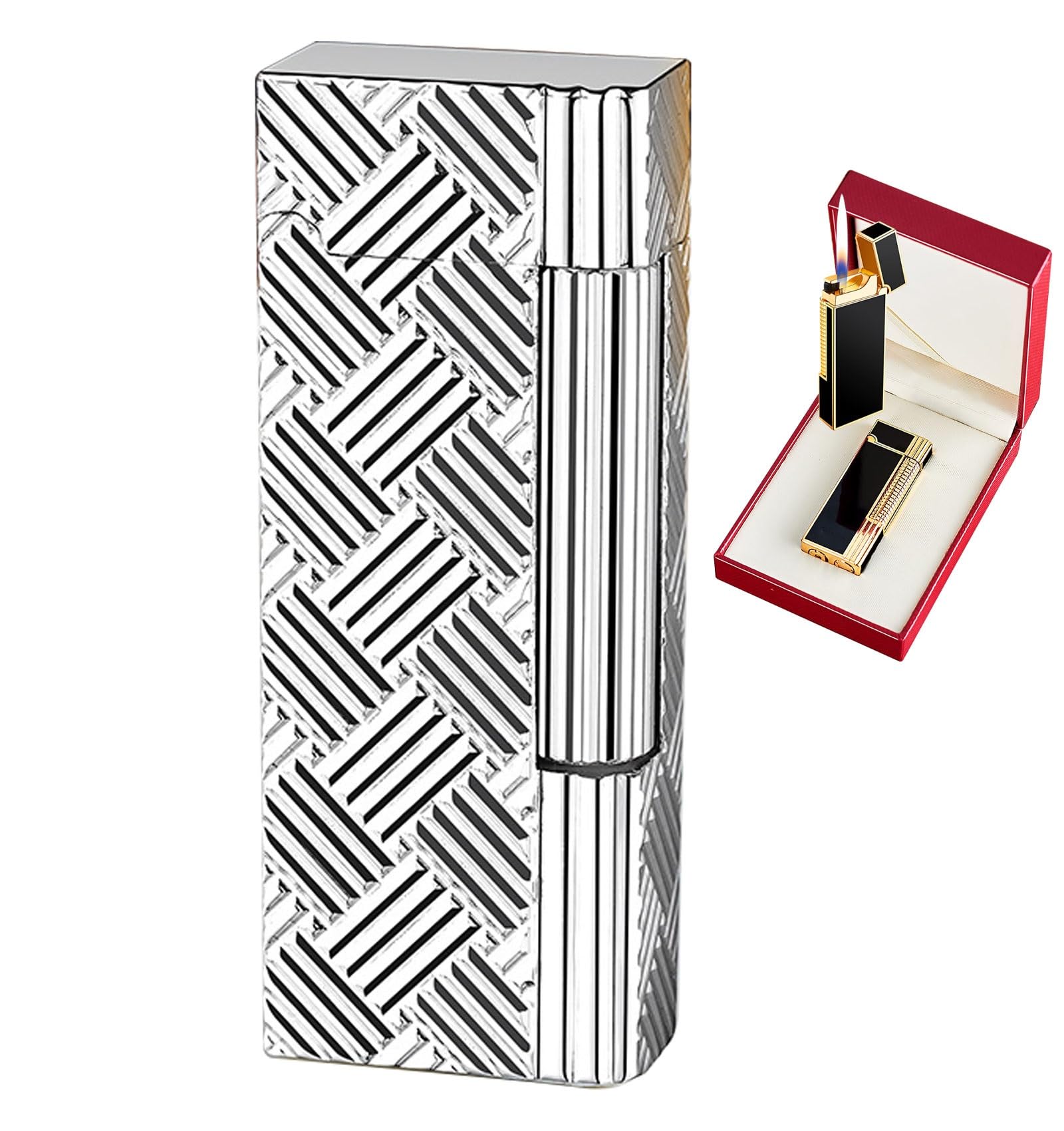 Briquet rechargeable en métal avec allumage à roue latérale – Coffret cadeau et accessoires de pierre à feu inclus (carburant non inclus)