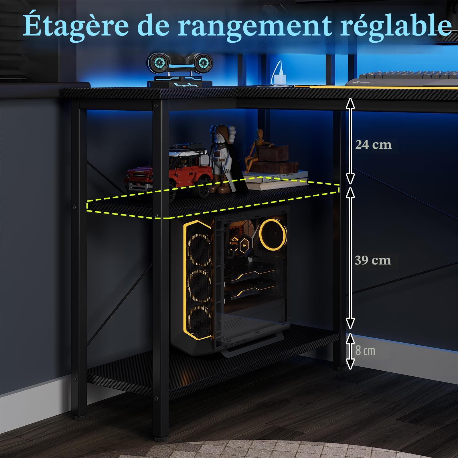 Grandder Bureau Gaming Réversible, 100x70cm Bureau d'angle en L avec Port de Charge USB et Prise de Courant, Table Ordinateur avec Support d'écran pour Chambre Domicile Maison Noir