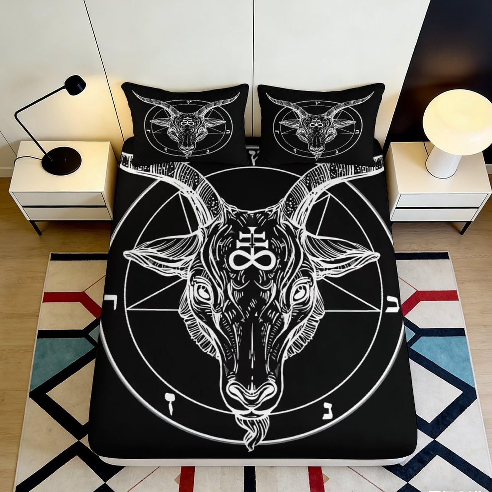 3D Printed Occult Goat Skull Fitted Sheet Microfiber Black Gothic Pentagram Mattress Cover for Bedroom Dorm Decor 140x200x25cm