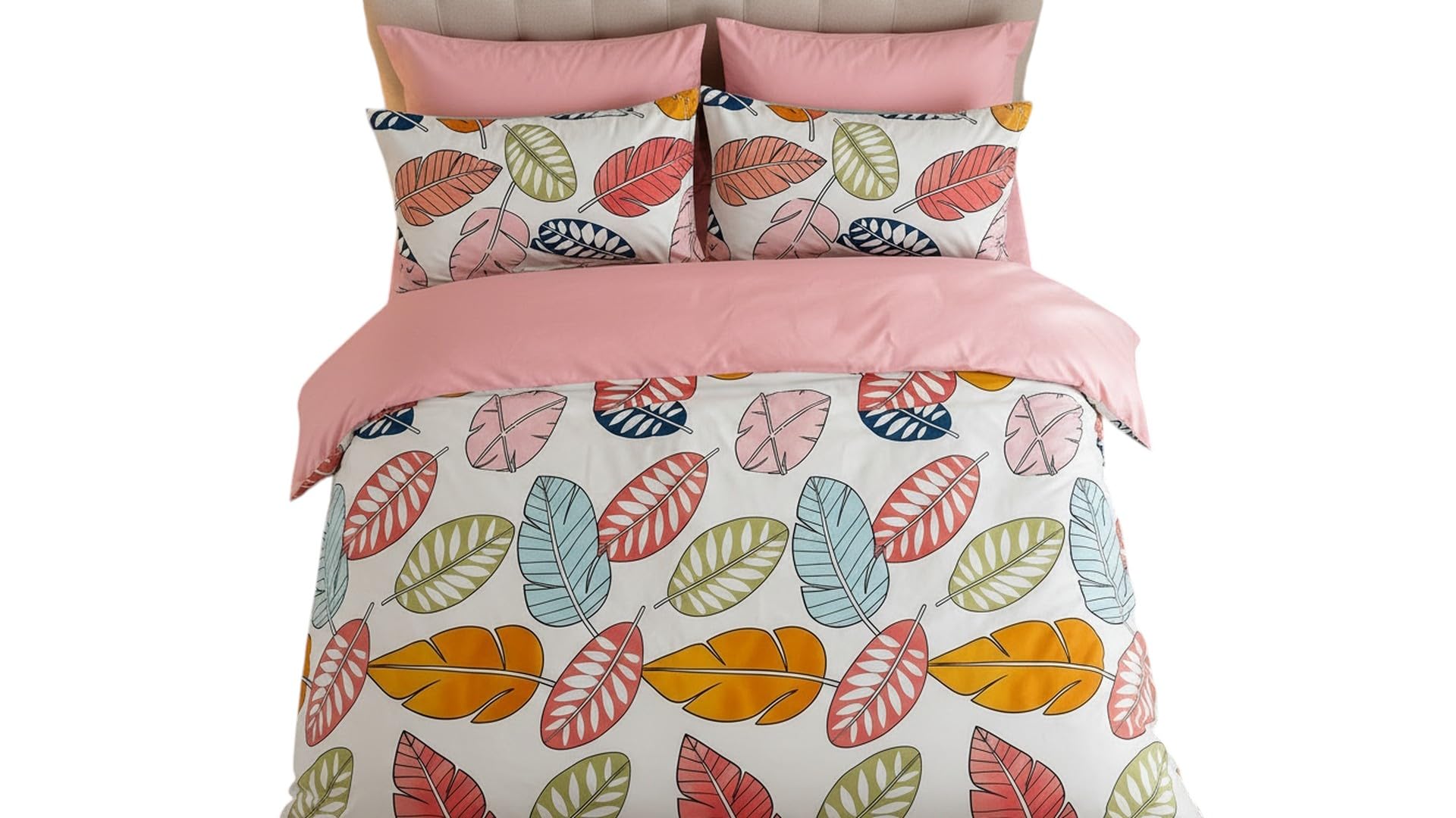 Colorful Leaf Print Cover Bedding Set with Pillowcases | Tropical Leaf Pattern, Pink Reverse Side, Includes Pillowcases, Vibrant Multicolour, Bedroom Decor-image-41