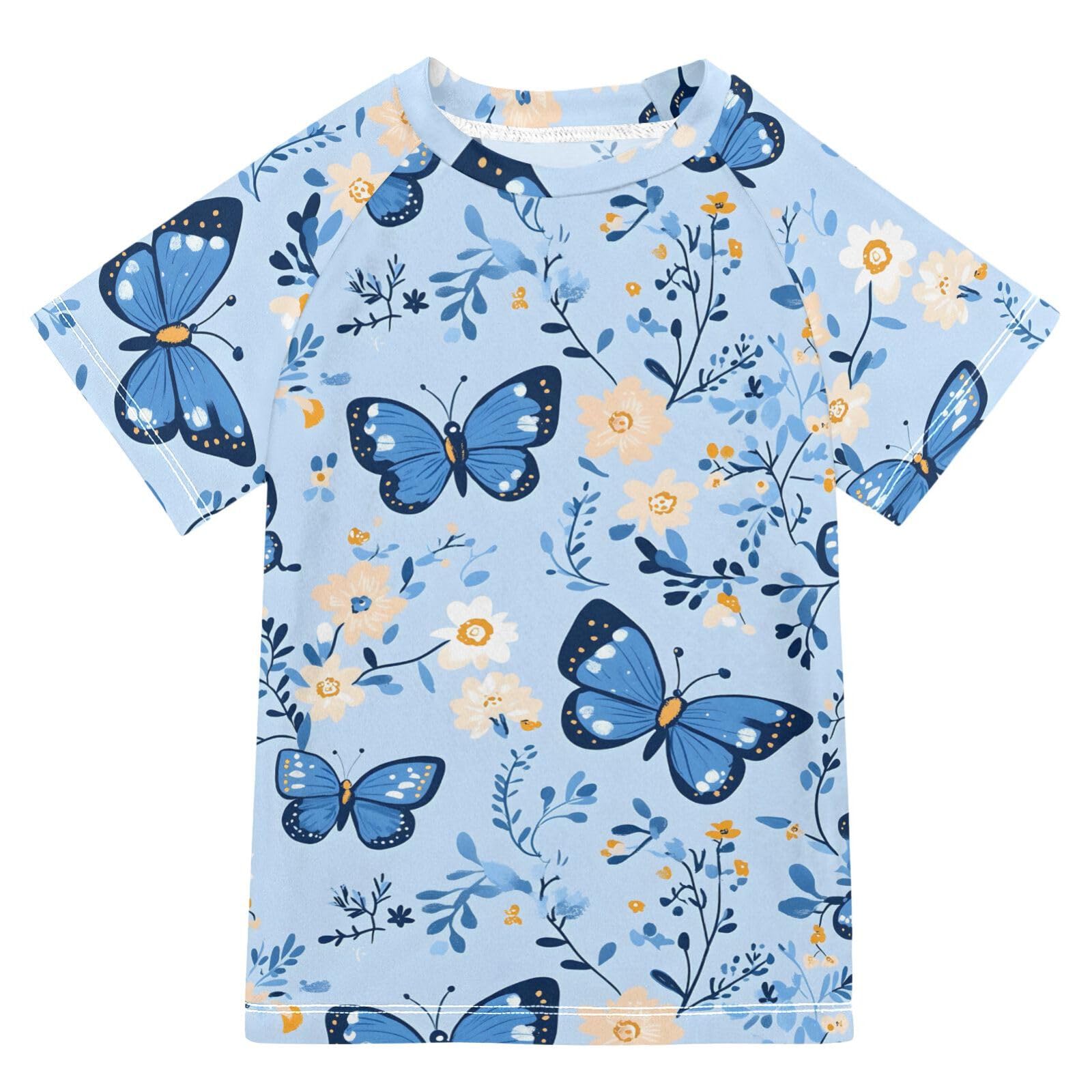 ALAZA Boys Swim Shirts Toddler Rash Guard Short Sleeve Rashguard Butterflys Flowers Print UPF 50+ 11-12T