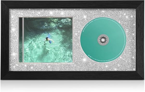 CD Display Frame for CD Case and Discs with Solid Wood, Wall Mounted and Desktop Signed CD Display Frame, Glitter Shining Black Style, 7.9"x14.3"