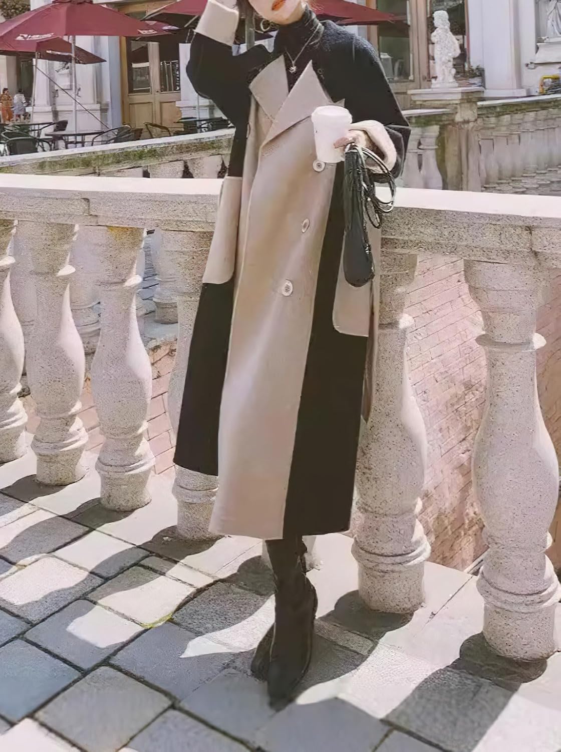 chouyatou Women's Winter Double Breasted Wool Trench Coat Color Block Notch Lapel Long Wool Pea Coat with Belt