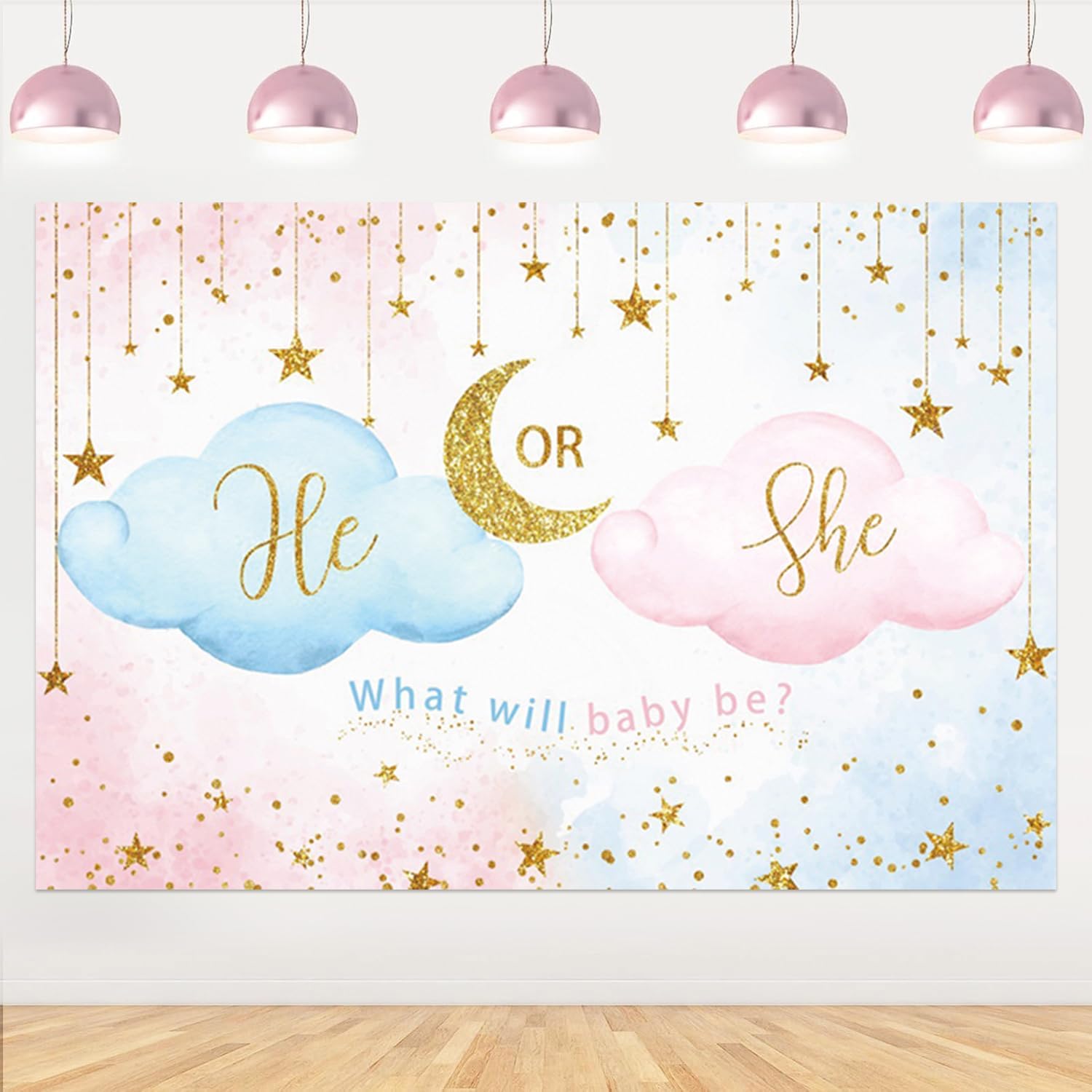 10x8ft Gender Reveal Backdrop Pink Blue Cloud Photography Background He or She What Will Baby Be Golden Moon Stars Baby Shower Party Photo Booth Props
