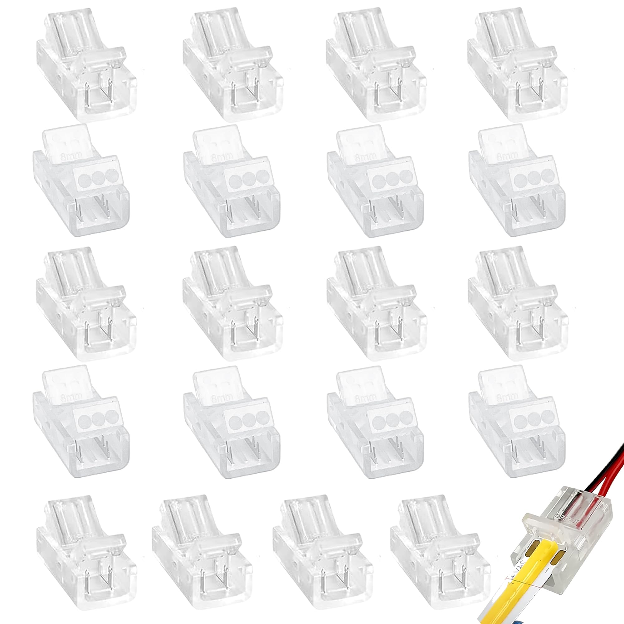 Clearhill White 2Pin Transparent Solderless Led Light Strip Connectors,20Packs-8Mm Wide Gapless Quick Adapter For Waterproof/Non-Waterproof Single Color Led Strips,No Soldering Required.