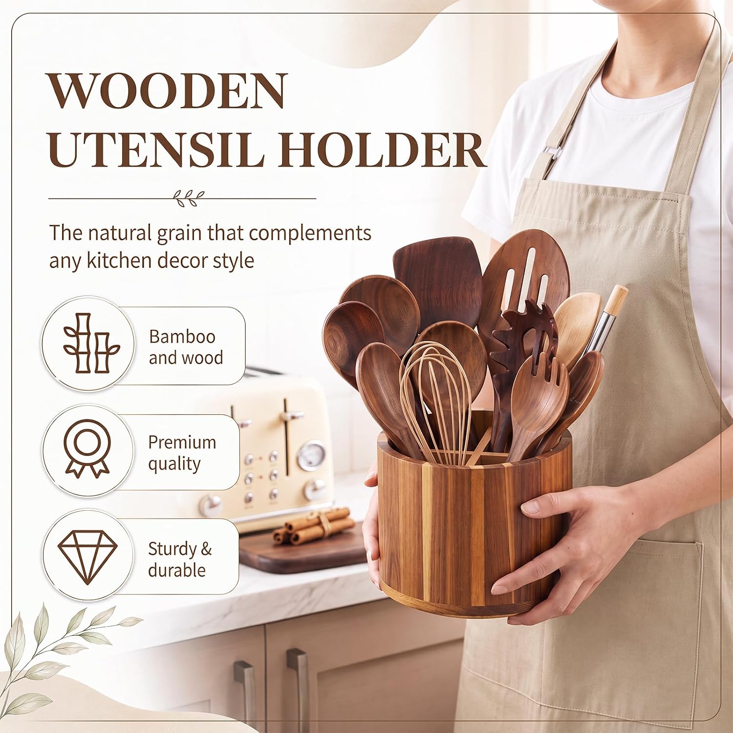 Zhehao Acacia Wood Utensil Holder 360° Rotating Spatula Holder, 6.7x5 inch