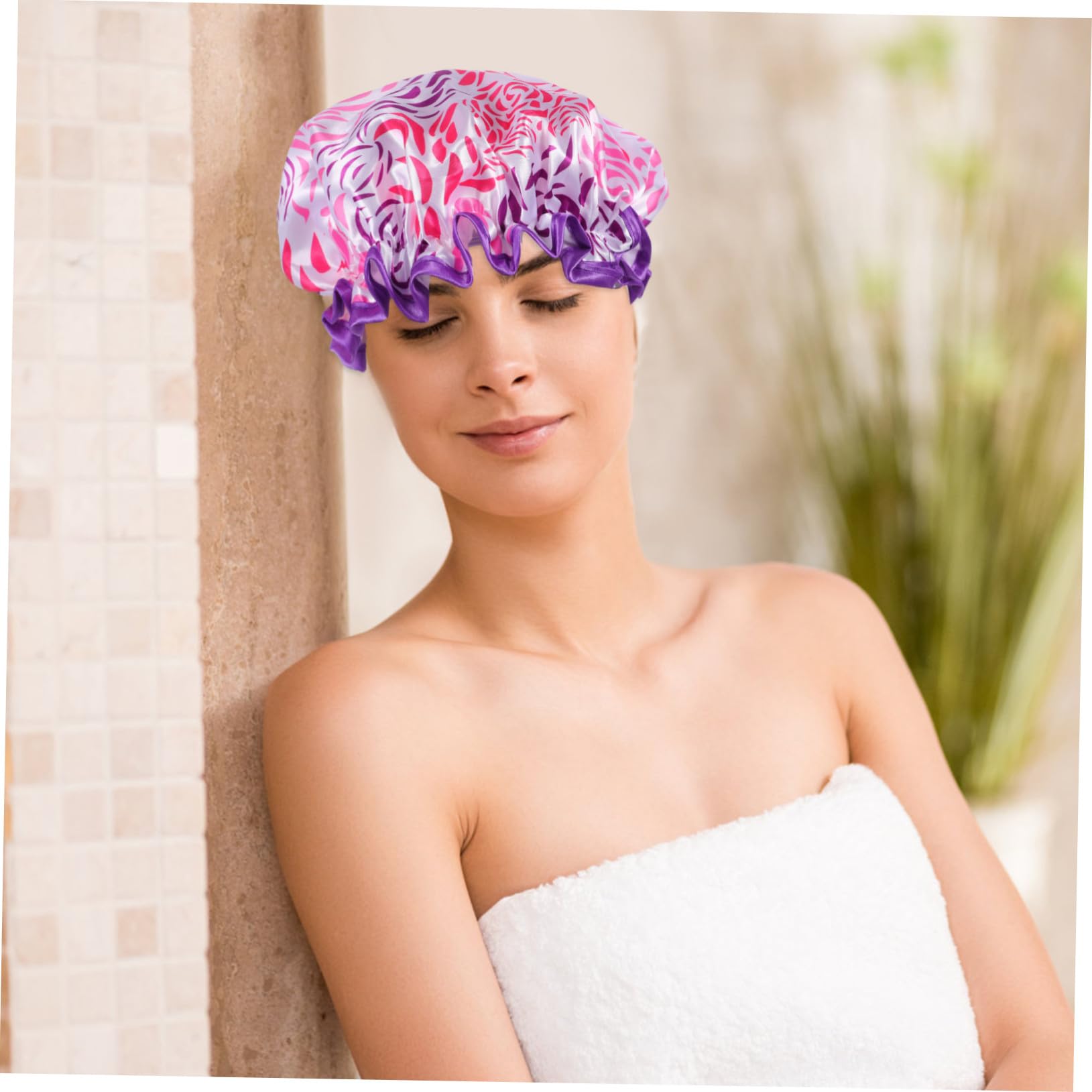 Bonnet de Réutilisable Satin Double Couche Grand Bonnet Bain Femme Cheveux Longs Imperméable Élastique Décoratif pour Soins Capillaires