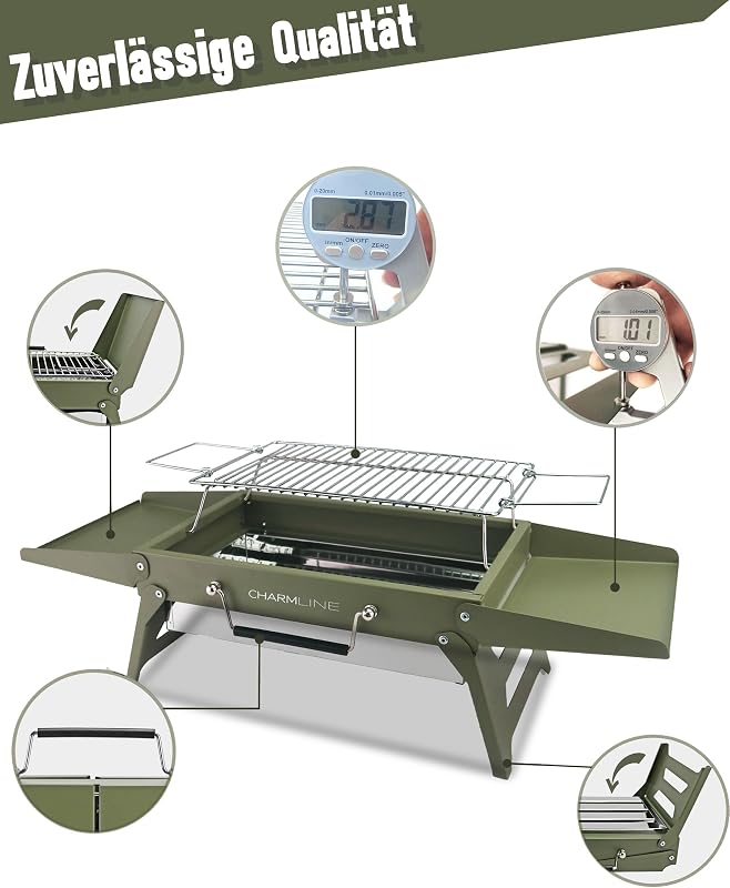 Charmline Összecsukható Hordozható Szenes Grill 35x23cm Zöld - Kompakt BBQ Grillsütő Kempingezéshez és Kerti Sütéshez
