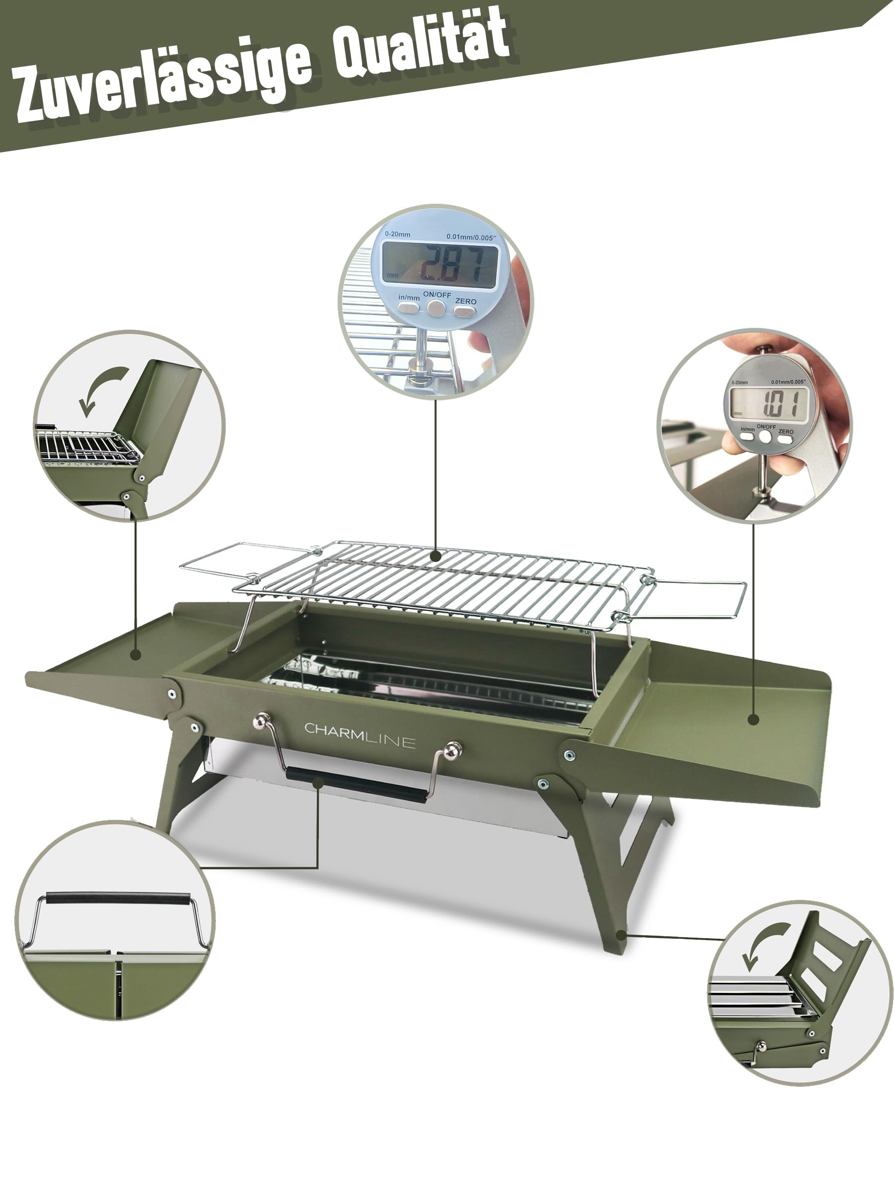 Charmline Tragbarer Holzkohlegrill, Klappbarer Campinggrill 35 x 23 cm für 1–3 Personen, Mini BBQ Grill für Balkon, Garten, Camping, Picknick und Strand, Grün