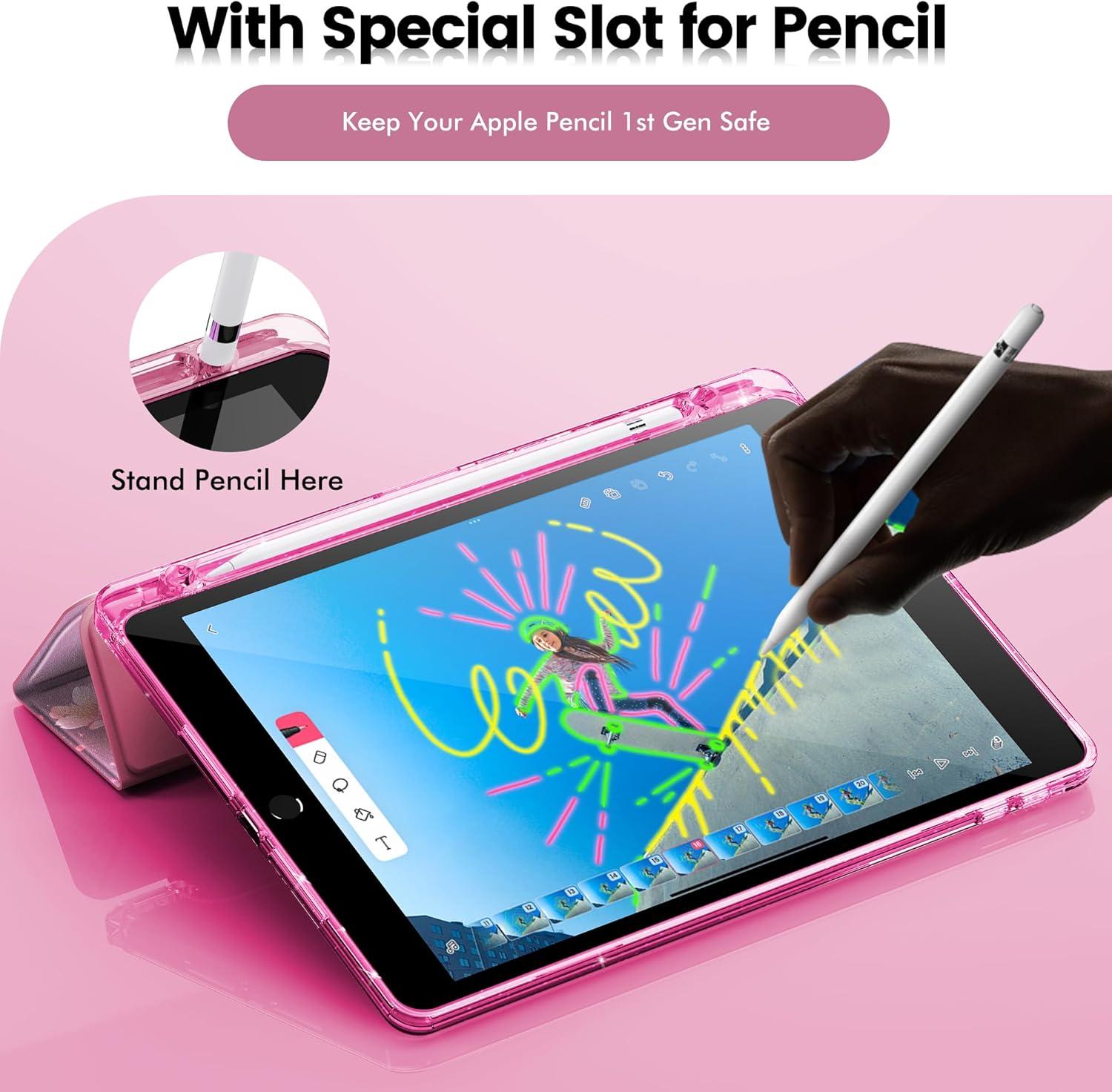 INFILAND for iPad 9th Generation 2021/ iPad 8th Generation 2020/ iPad 7th Generation 2019 Case 10.2 inch, Glitter Cover with Clear Back, Pencil Holder for Kids Girls (Blossom Pink Glow)