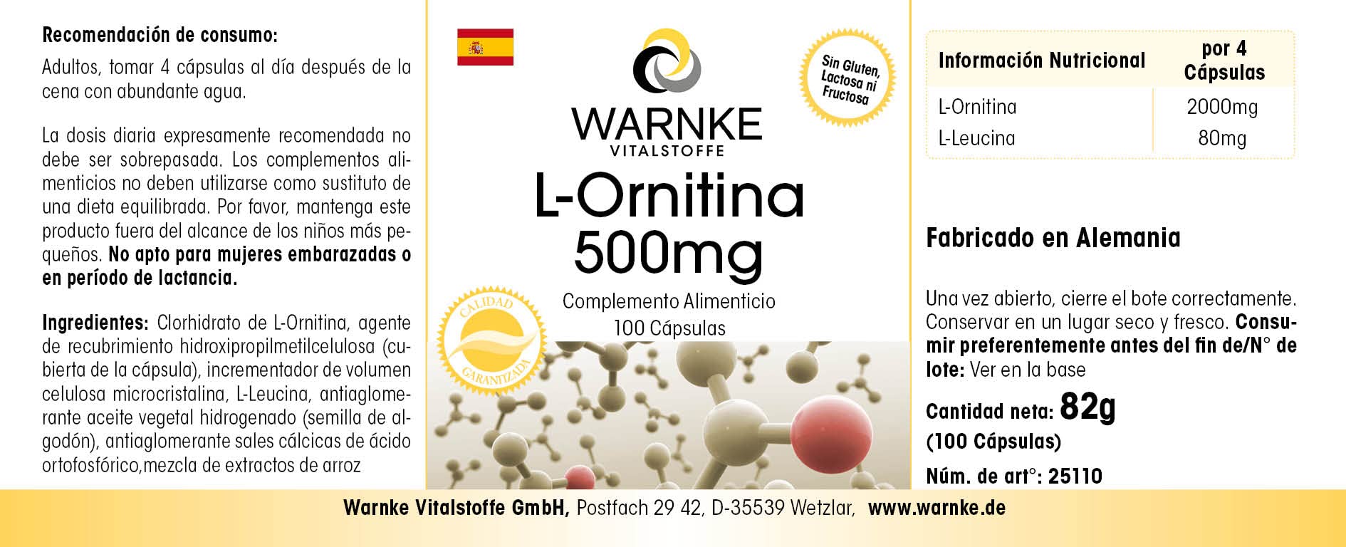 L Ornitina capsule - 500mg - Vegan - 100 Capsule | Warnke Vitalstoffe - Qualità da farmacia tedesca