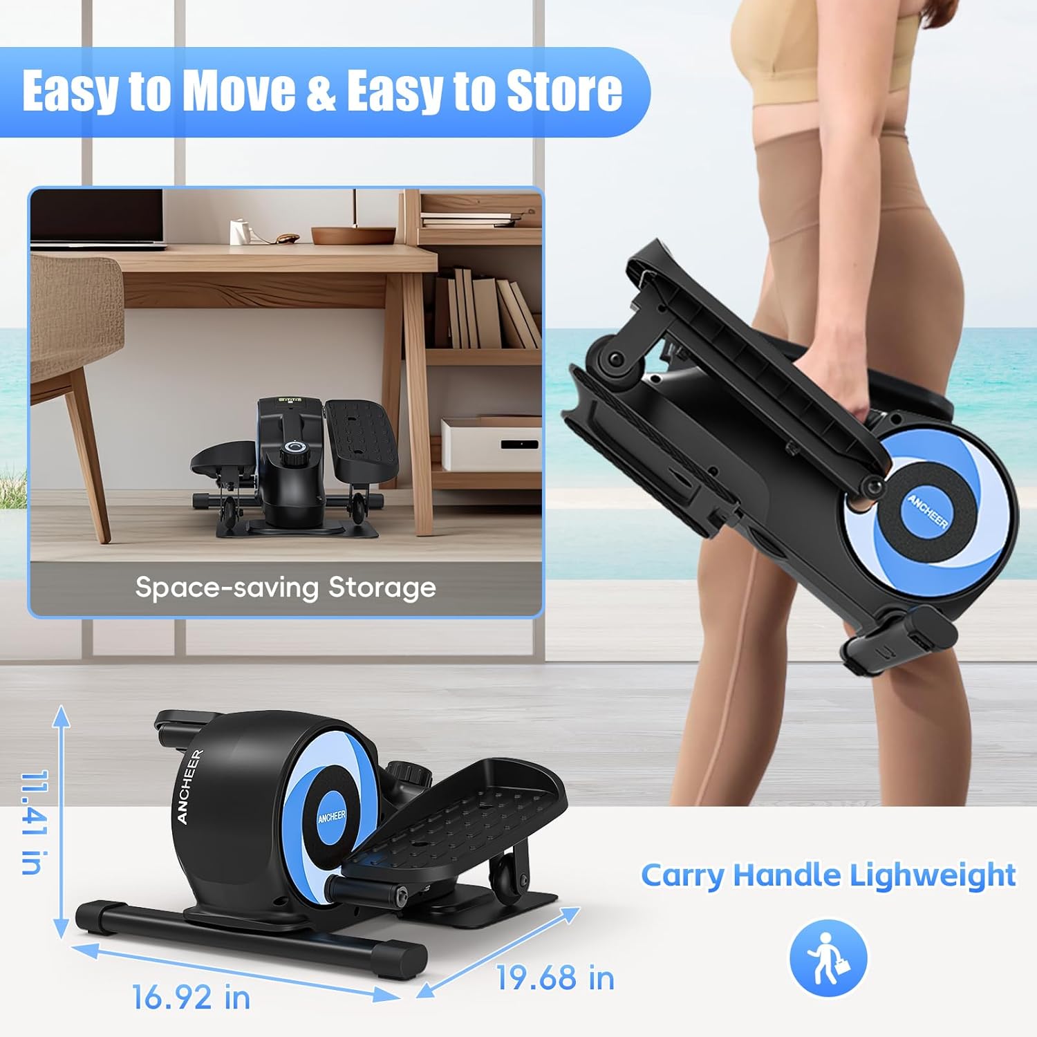 A person carrying the ANCHEER Under Desk Elliptical and another image showing it stored under a desk.