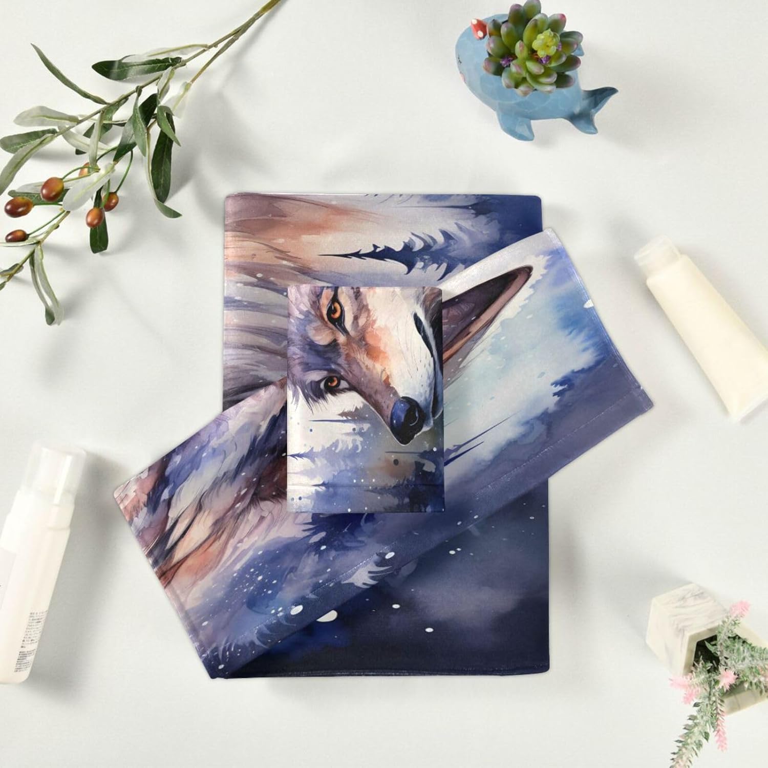 ALAZA Wolf (4) Bath Towel Set Luxury Decorative Set of 3, 1 Bath Towel 1 Hand Towel 1 Washcloth Soft Multipurpose for for Bathroom Hotel Gym Yoga Spa