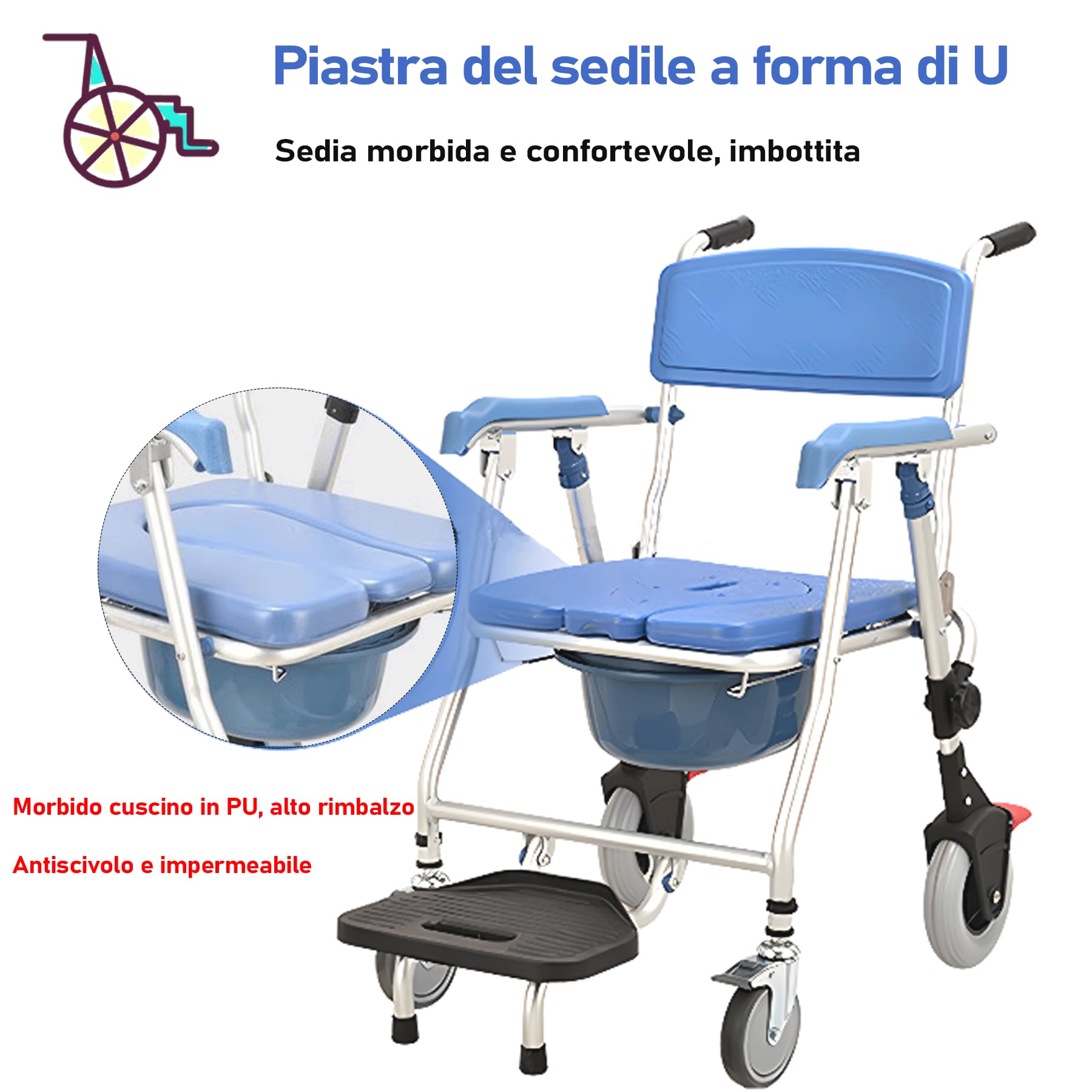 Sedia da Doccia con Rotelle per Anziani e Disabili, Sedia per WC con Rotelle Pieghevole, Sedile da Bagno - 4 Ruote con Freni, Ridurre L'attività per Evitare Lesioni, Carico 150 kg