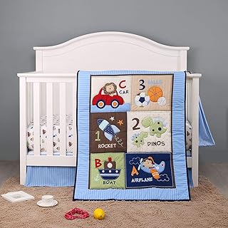 2 PCs Embroidery Car Sports Dinosaur Rocket Nursery Crib Bedding Set Quilt Fitted Sheet Blue Baby Boy Cot Bedding Set
