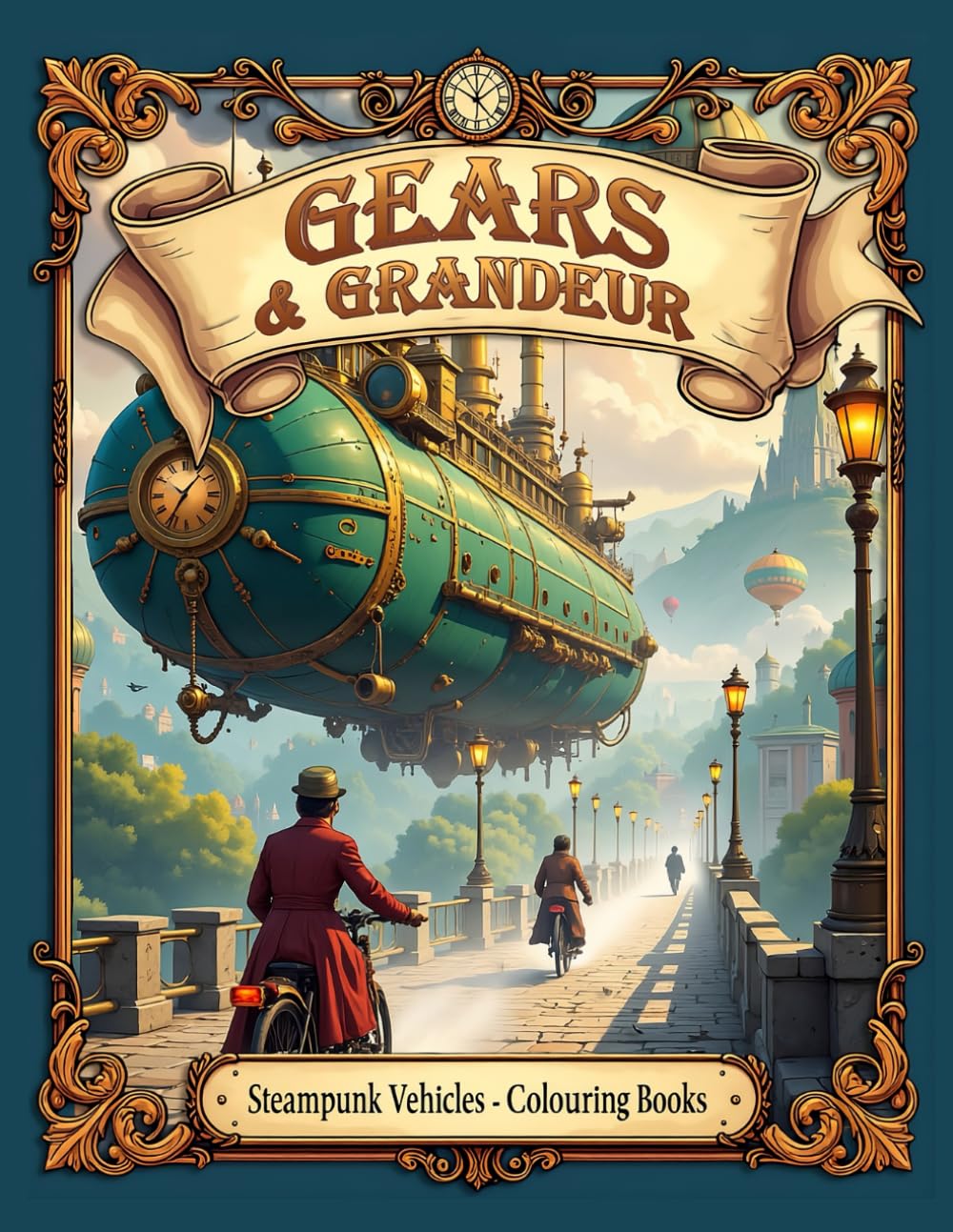 Gears and Grandeur: Steampunk vehicles adult colouring book
