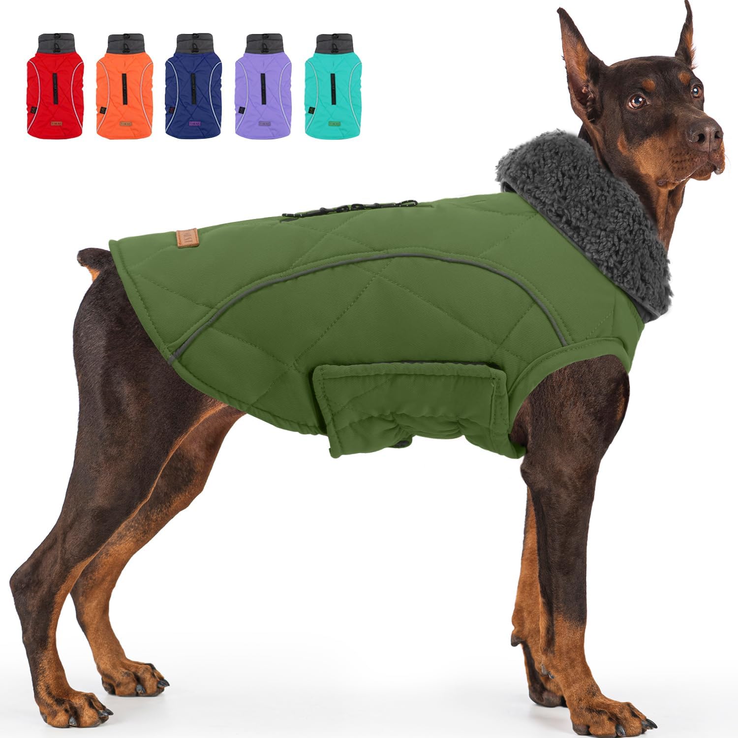 EMUST Winter Dog Coat for Medium Boys - Thick Clothes with Harness Hole for Cold Weather, Green, M